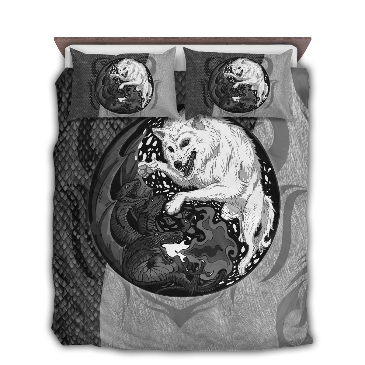 Black And White Dragon And Wolf Bedding Cover For Fantasy Bedroom Decor
