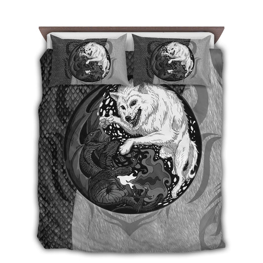 Black And White Dragon And Wolf Bedding Cover For Fantasy Bedroom Decor