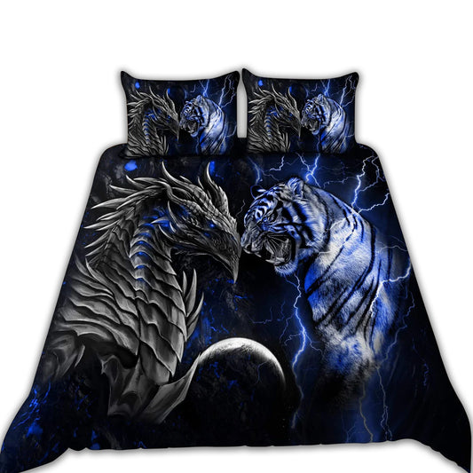 Blue Dragon And Tiger Battle Bedding Cover For Fantasy Bedroom Decor