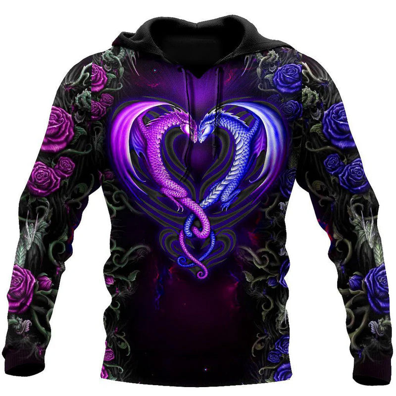 Dragon Love Flowers Art - 3D Hoodie