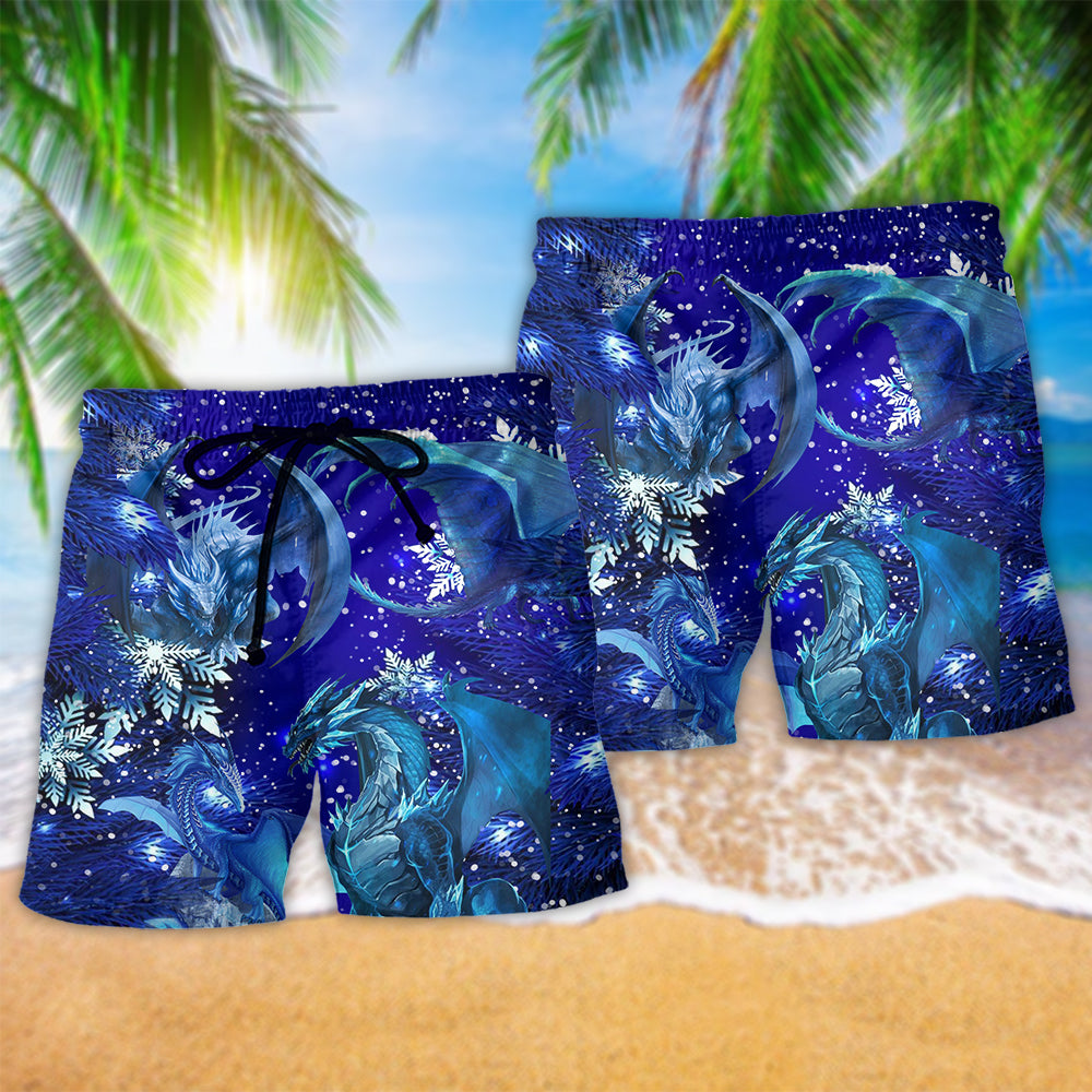 Christmas Dragon Blue Sky Art - Beach Short