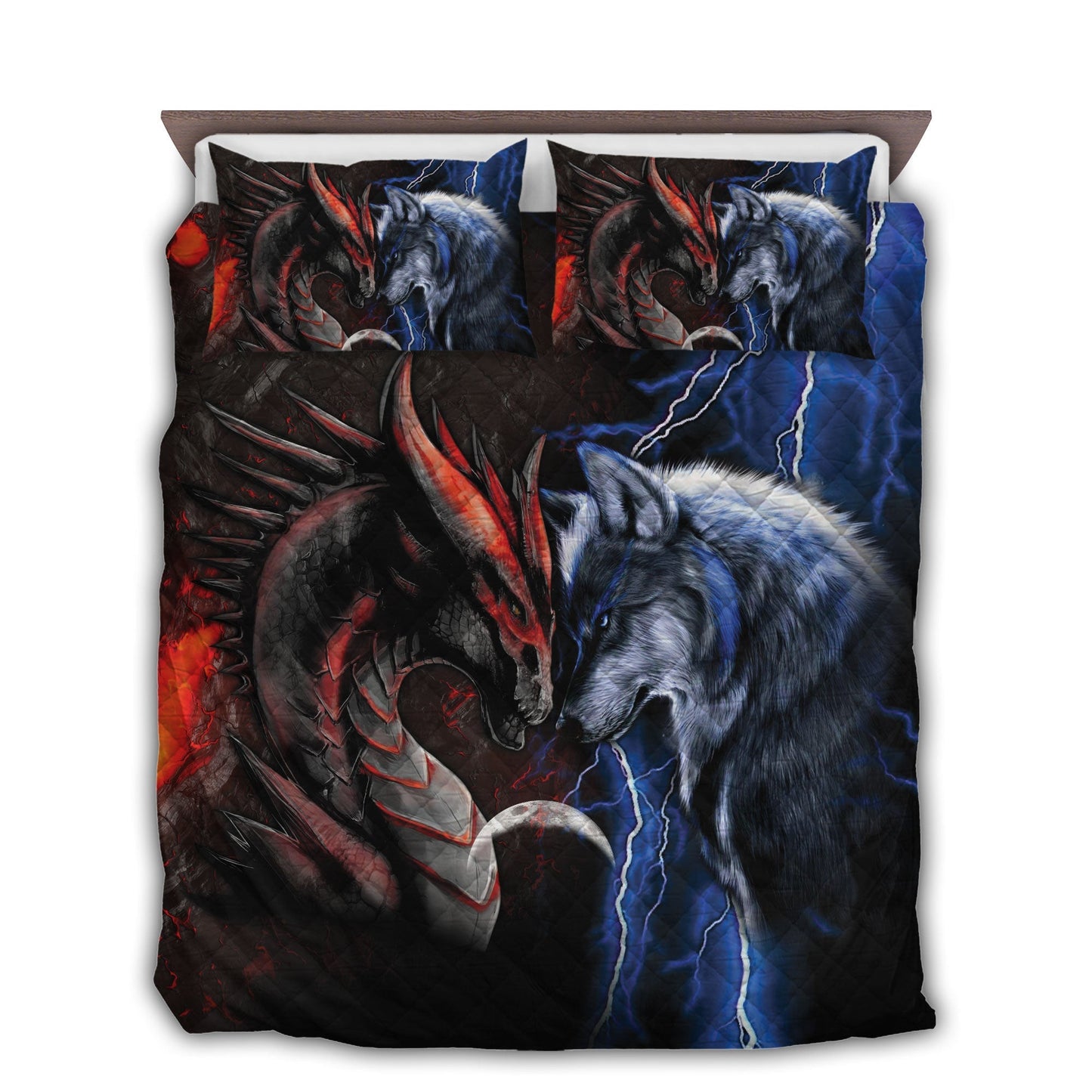 Red And Blue Dragon And Wolf Bedding Cover For Fantasy Bedroom Decor