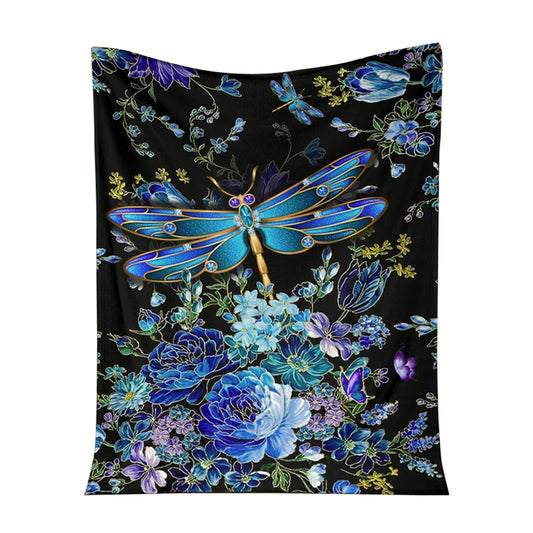 Dragonfly Blue Floral 50 x 60 Inch Flannel Blanket For Cozy Bedroom And Sofa Decor