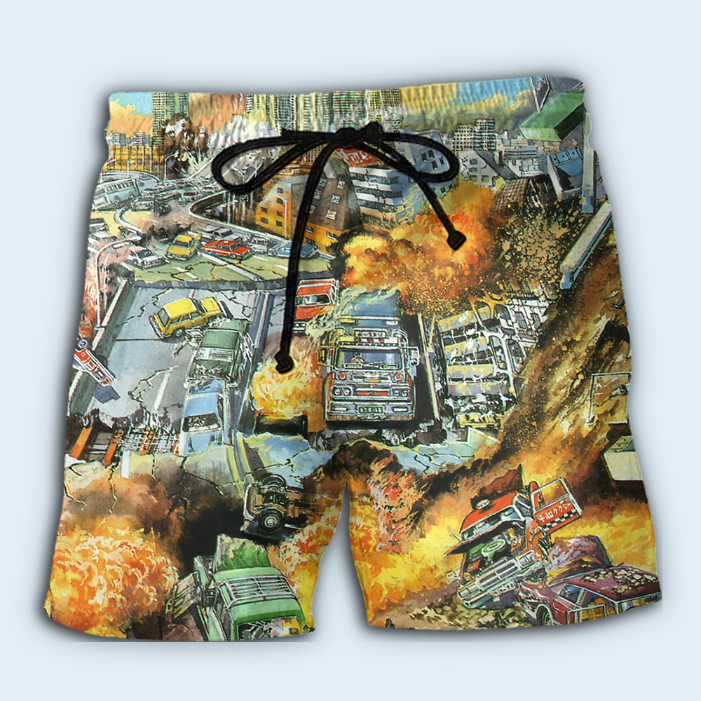 Vintage Earthquake Graphic Style - Beach Short