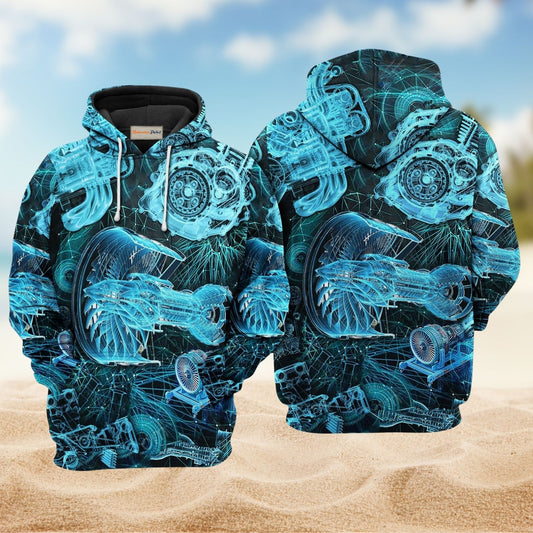 Engine Blueprint Mechanical Art - 3D Hoodie