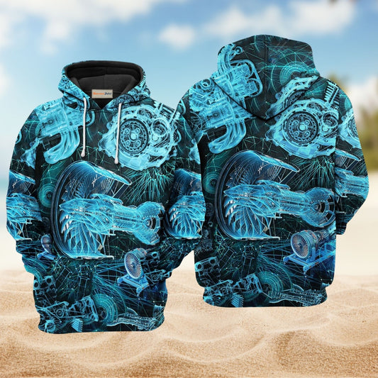 Engine Blueprint Mechanical Art – 3D Hoodie
