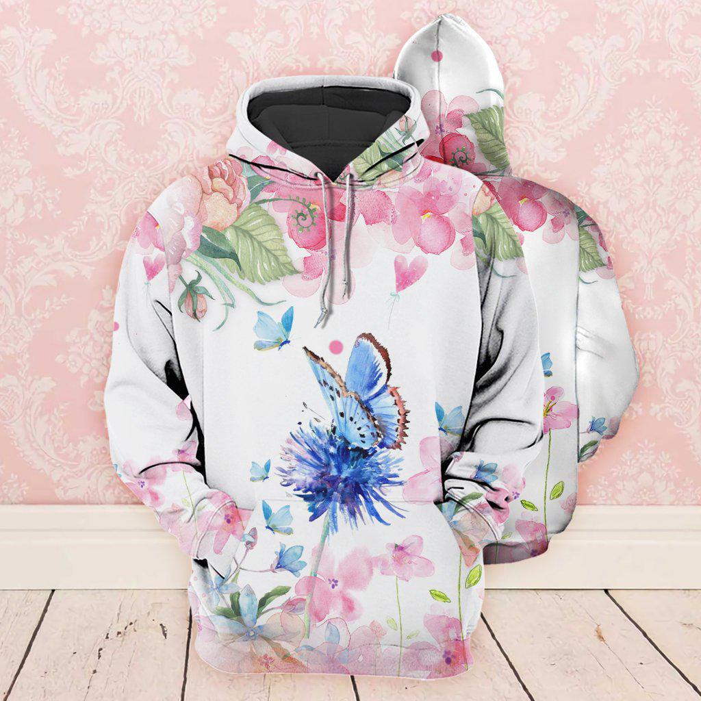 Flowers Pink Love Blue Butterfly Art - 3D Hoodie