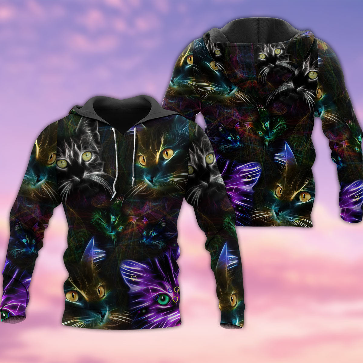 Neon Cat In Darkness Art - 3D Hoodie