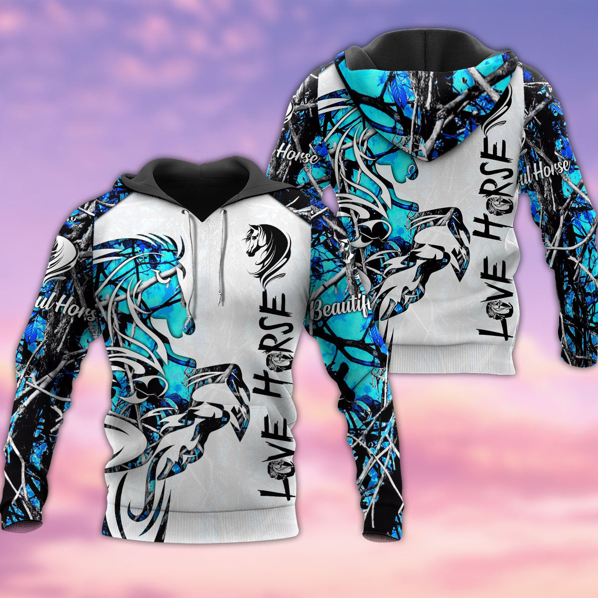 Horse Love Life Blue White - 3D Hoodie