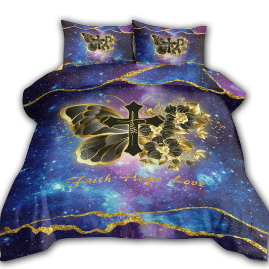 God Butterfly Faith Cross Gold Flower Butterfly Christian Galaxy Bedding Cover For Faith Bedroom Decor