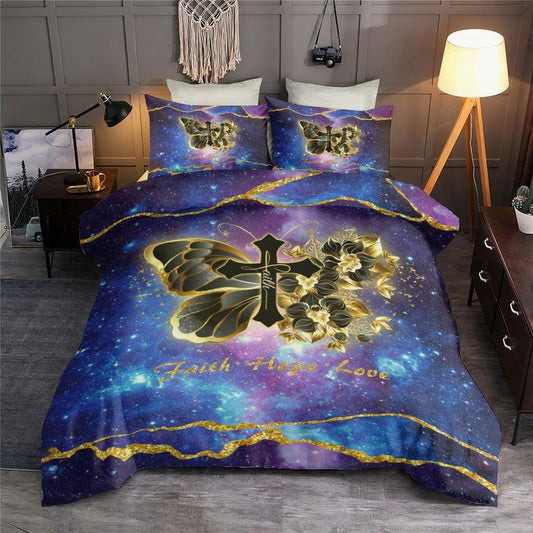 Faith Cross Gold Flower Butterfly Christian Galaxy Bedding Cover For Faith Bedroom Decor