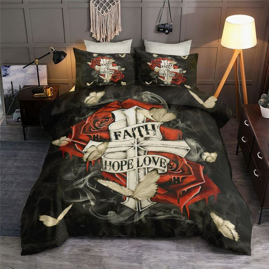 Faith Hope Love Rose Cross Christian Bedding Cover For Faith Bedroom Decor