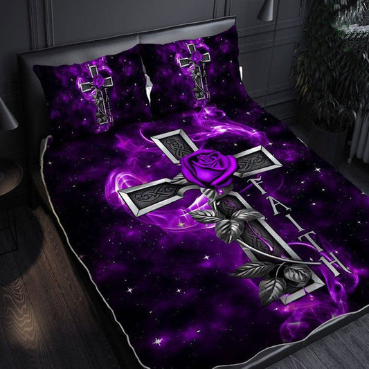 Jesus Purple Rose Cross Christian Bedding Cover For Faith Bedroom Decor