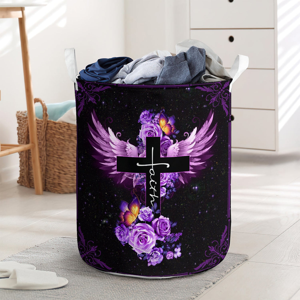 Faith rose butterfly purple Christian - Laundry basket - LAUB06LIN230222-Owls Matrix