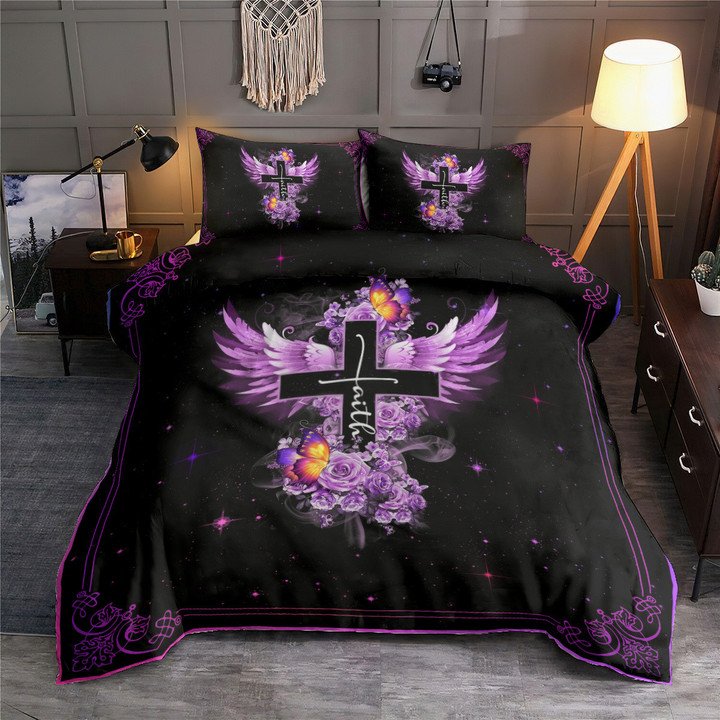 Jesus Faith Rose Butterfly Purple Christian Bedding Cover For Faith Bedroom Decor