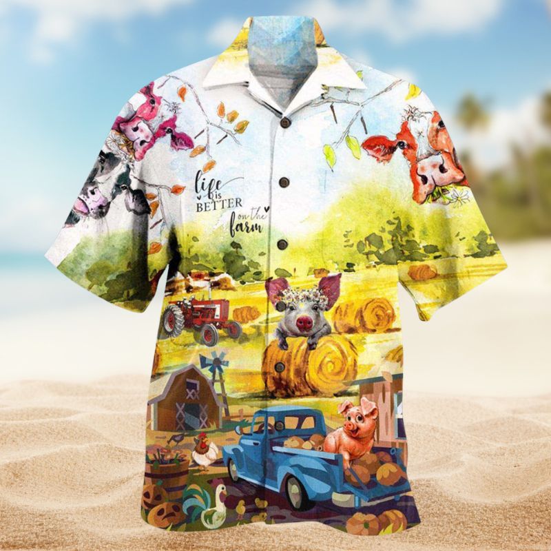 Farmer Happy With Cow And Pig Edition - Hawaiian Shirt