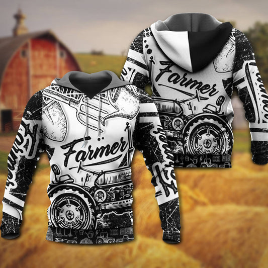 Farmer Black And White Art – 3D Hoodie