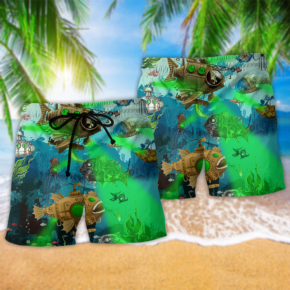 Steampunk Fish Ocean Love Art - Beach Short