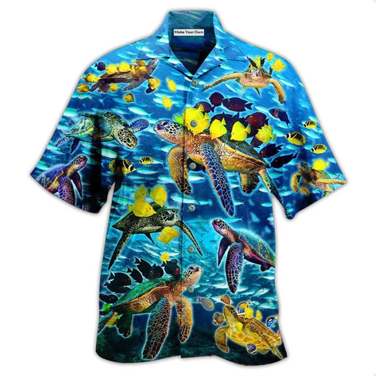 Hawaiian Shirt / Adults / S Turtle Go With The Flow Turtles And Fish Blue Ocean - Hawaiian Shirt - Reefox
