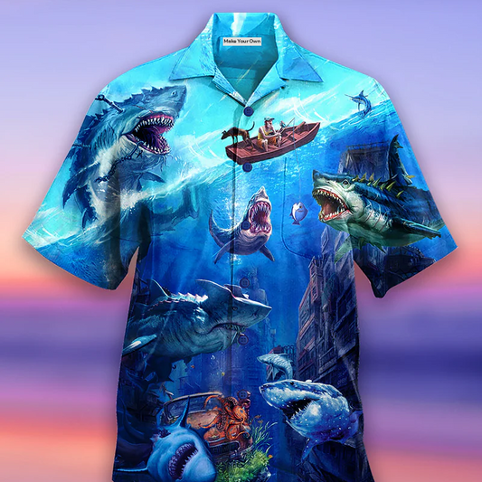 Hawaiian Shirt / Adults / S Shark Fishing Shark With Small Ship Blue Ocean - Hawaiian Shirt - Reefox