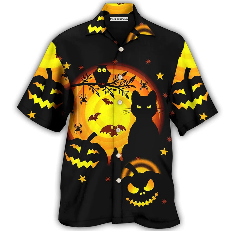 Hawaiian Shirt / Adults / S Halloween Awesome Black Cat And Pumpkin - Hawaiian Shirt - Reefox