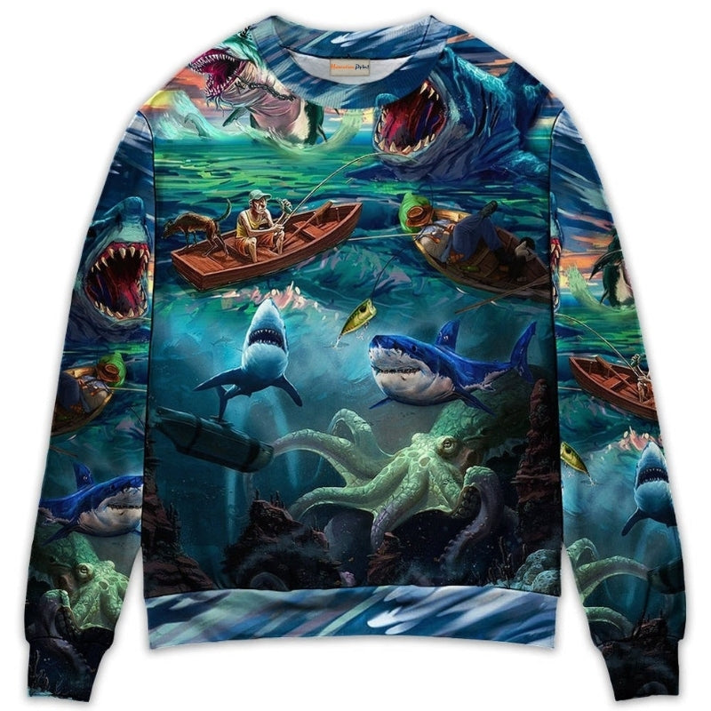 Fishing Shark Crazy Art Style – Sweater - Ugly Christmas Sweater