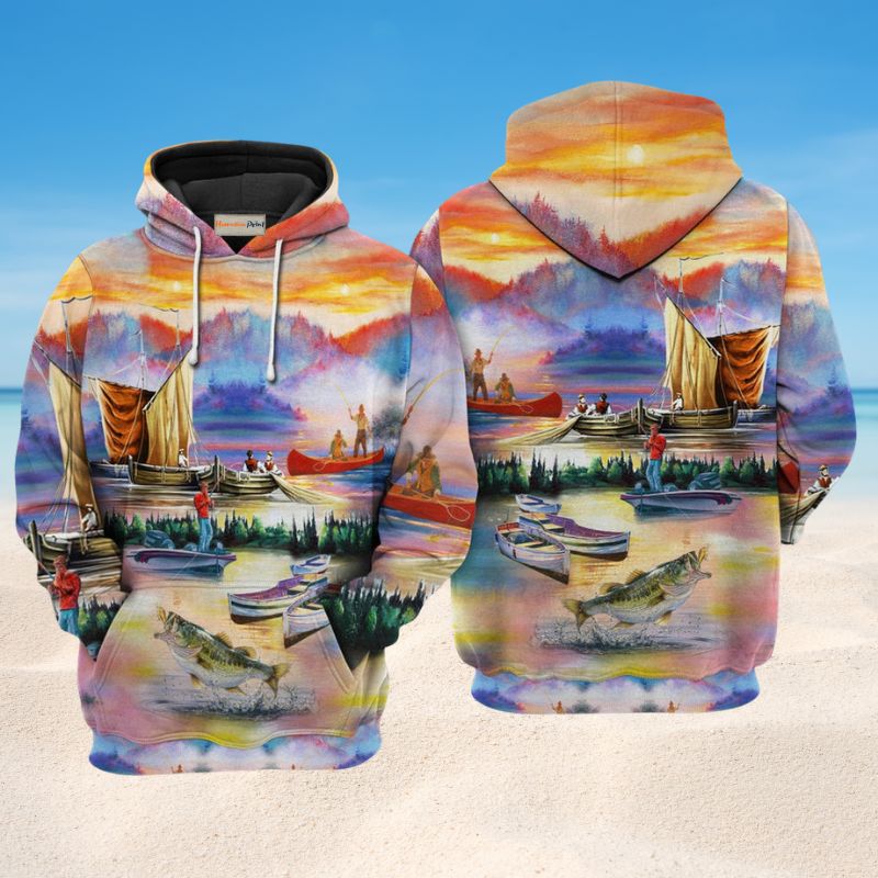 Fishing Under Sunset Art – 3D Hoodie