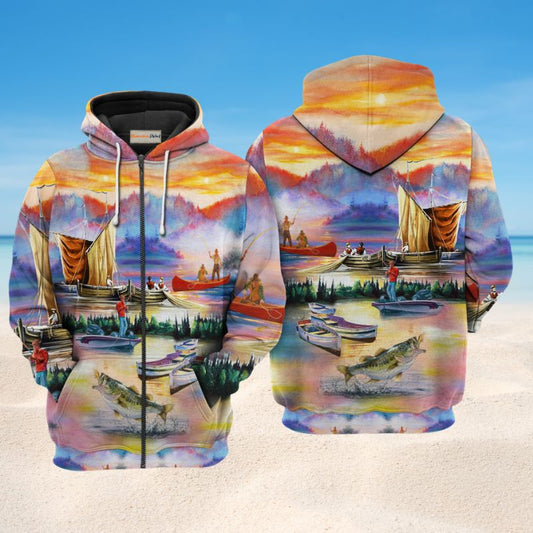 Fishing Under Sunset Art – 3D Hoodie