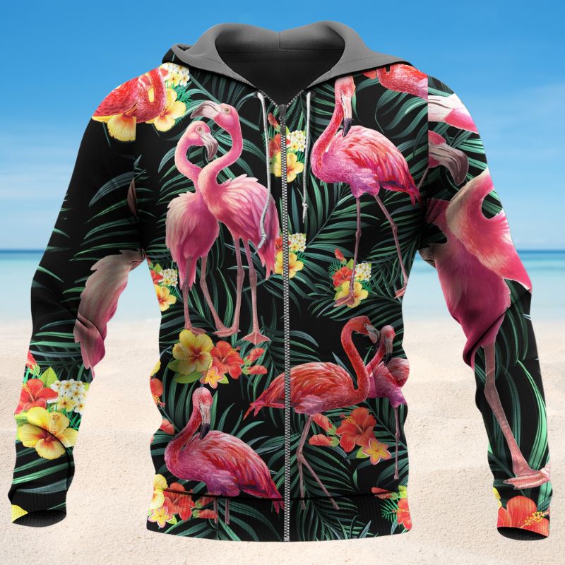 Flamingo Couple Love Flowers Art – 3D Hoodie