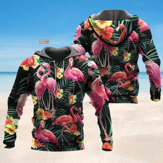 Flamingo Couple Love Flowers Art – 3D Hoodie