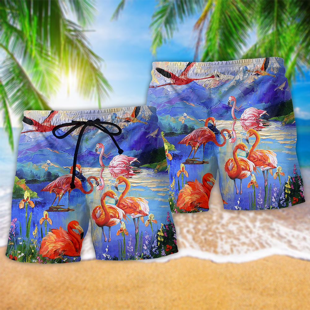 Flamingo Fly To Hawaii Floral Art – Beach Short