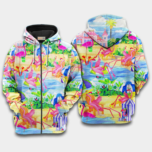 Flamingo Love Beach Art – 3D Hoodie