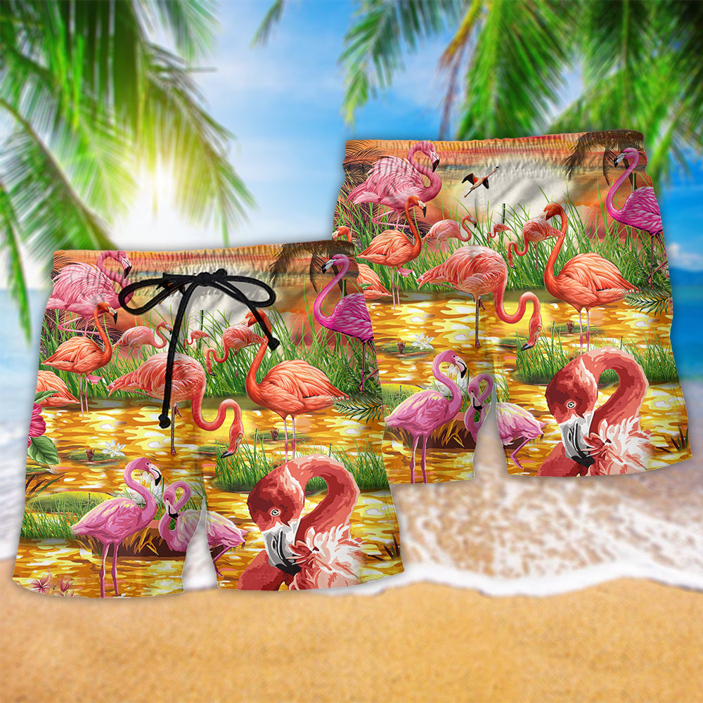 Flamingo Romantic Sunset Art - Beach Short