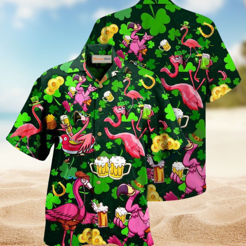 Flamingos Drink Beer Saint Patricks Pattern Edition – Hawaiian Shirt