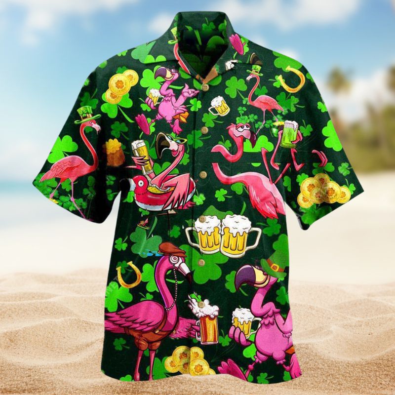 Flamingos Drink Beer Saint Patricks Pattern Edition – Hawaiian Shirt