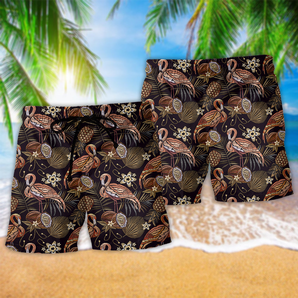 Vintage Flamingo Pineapple Art - Beach Short