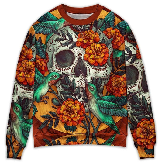 Floral Skull With Hummingbird Art – Sweater - Ugly Christmas Sweater