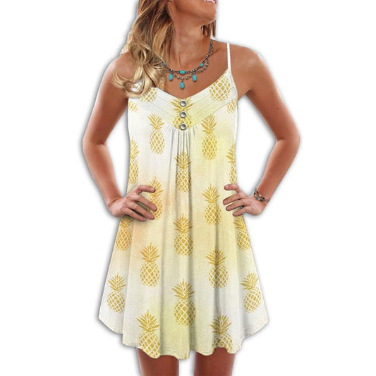 Pineapple Tropical Happy Vibes – Women's Summer Sleeveless V-Neck Camisole Dress