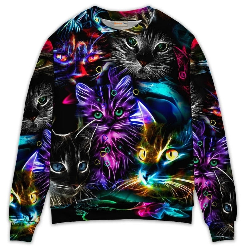 Funny Cat Neon Light Colorful Art – Sweater - Ugly Christmas Sweater