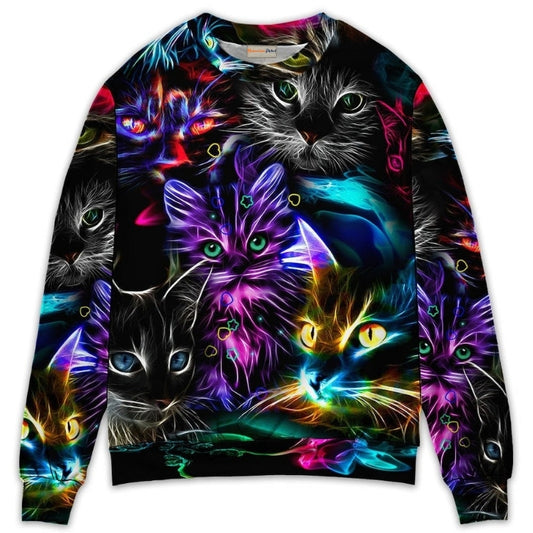 Funny Cat Neon Light Colorful Art – Sweater - Ugly Christmas Sweater