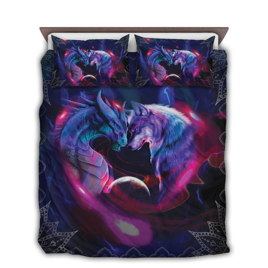 Galaxy Dragon And Wolf Battle Bedding Cover For Fantasy Bedroom Decor