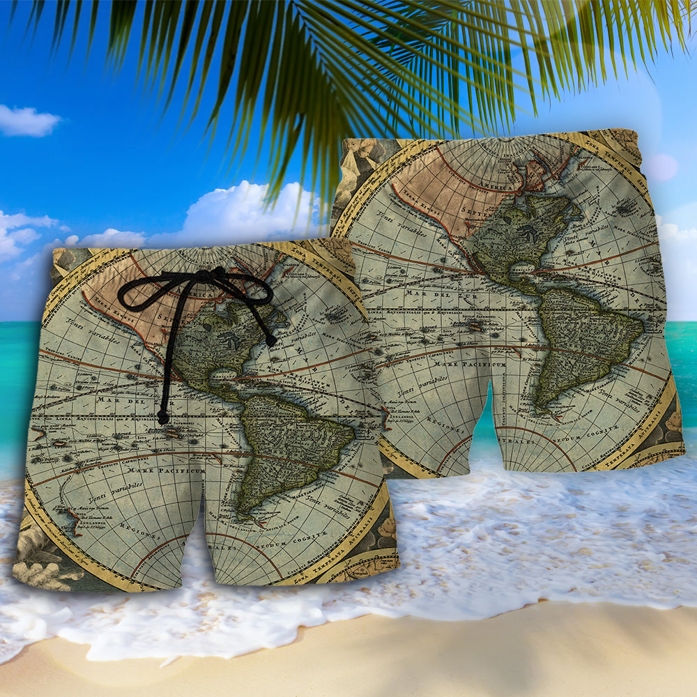 Vintage World Map Geography Art – Beach Short