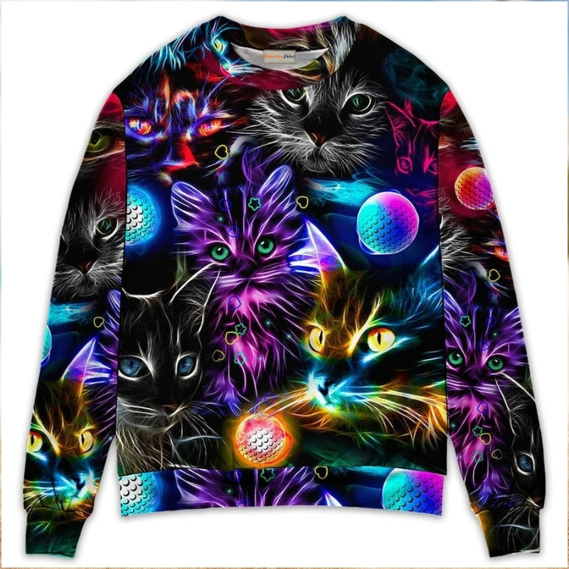Golf Playing Cat Neon Lightning Art – Sweater - Ugly Christmas Sweater