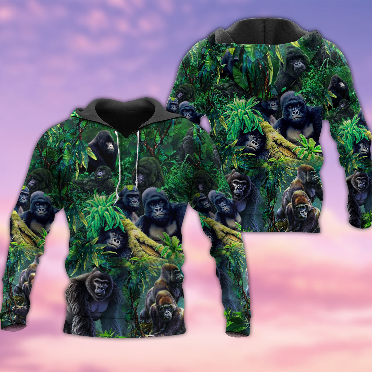 Gorilla Family Jungle Green Style - 3D Hoodie2
