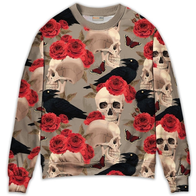 Skull With Rose Flower And Raven Gothic Style - Sweater - Ugly Christmas Sweaters