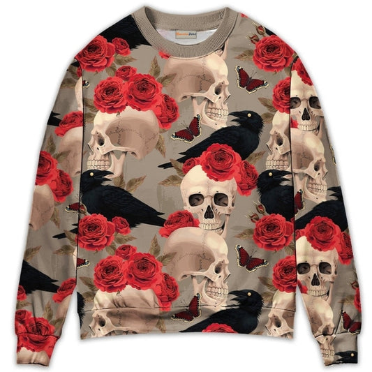 Skull With Rose Flower And Raven Gothic Style - Sweater - Ugly Christmas Sweaters