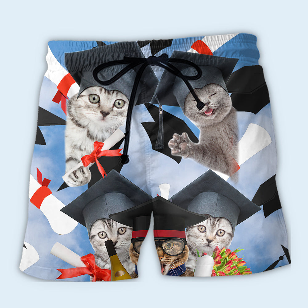 Cute Graduation Cat Celebration - Beach Short