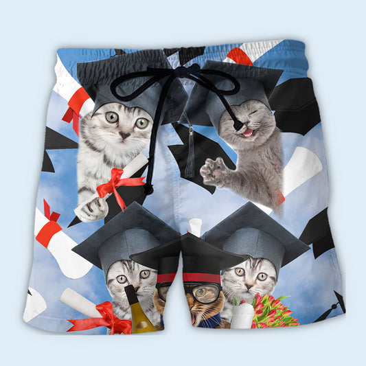 Cute Graduation Cat Celebration - Beach Short