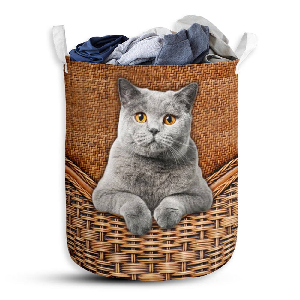 Gray Cat Rattan Teaxture Basic Style - Laundry Basket - Owls Matrix LTD
