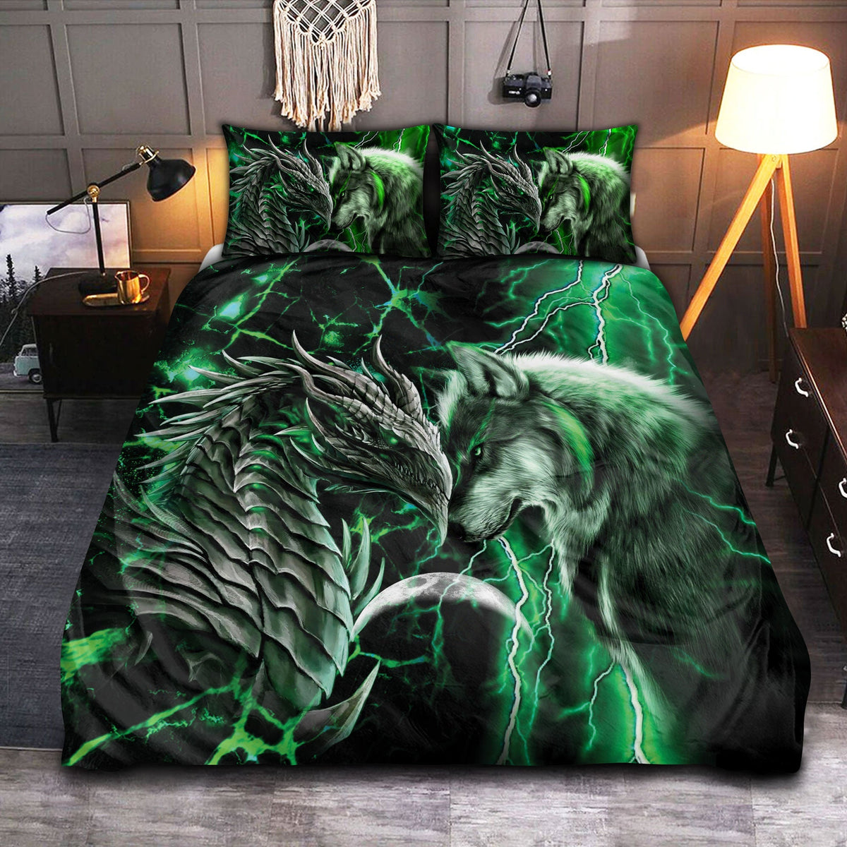 Green Dragon And Wolf Fantasy Bedding Cover For Fantasy Bedroom Decor